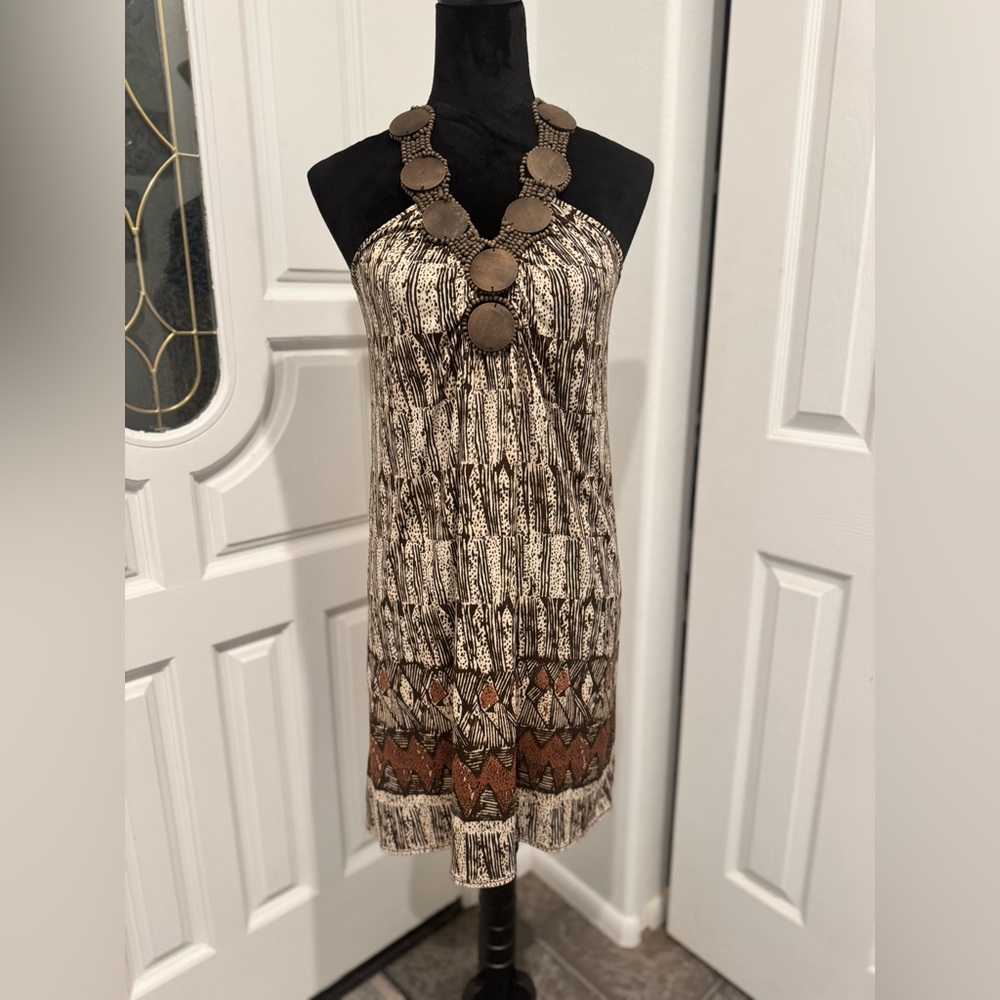 Max Studio Unique Women's Mini Halter Dress XS Brown & Beige Wood Accents